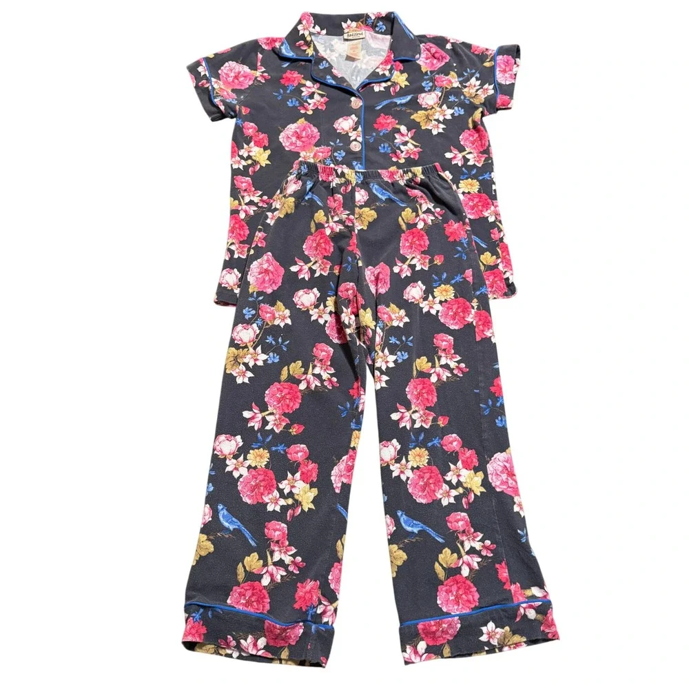 BedHead Pajama Set Button Down‎ Shirt & Pants Women's XS Floral Comfy Grey Pink